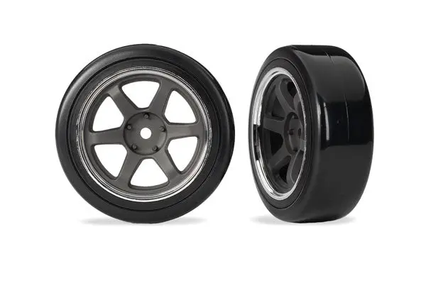 Drift Tires & Wheels Assem Six Spoke Graphite Gray Wheels Chrome Rim 1.9" (2) 1