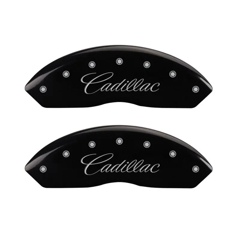 Mgp Engraved Caliper Covers — Front (Cursive Script) & Rear (Cadillac Sts Logo), Black Finish With Silver Chrome 1