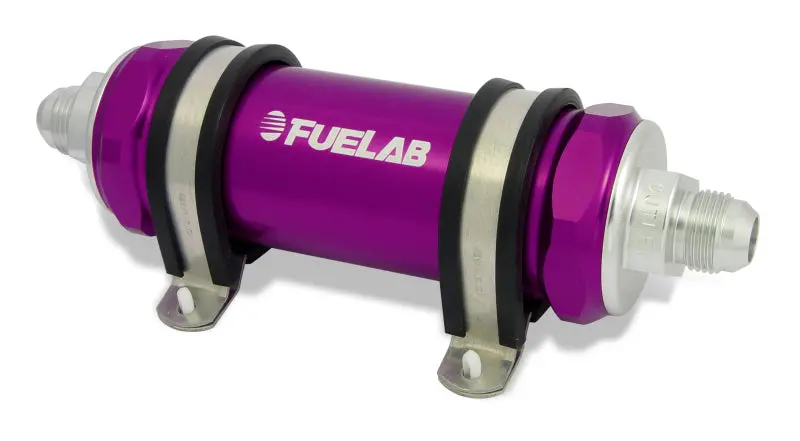 Fuelab Inline Fuel Filter – Long Body, -6An Inlet / -12An Outlet, 40-Micron Stainless Steel, Purple Anodized 1