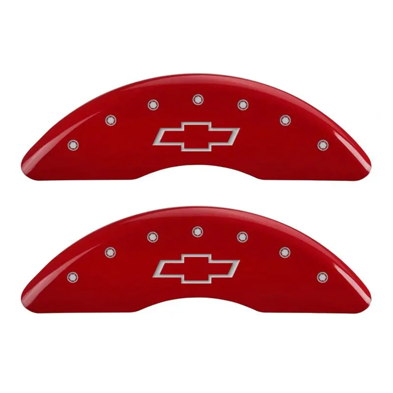 Mgp Engraved 4-Piston Caliper Covers — Front & Rear, Bowtie Logo Design, Red Finish With Silver Chrome 1
