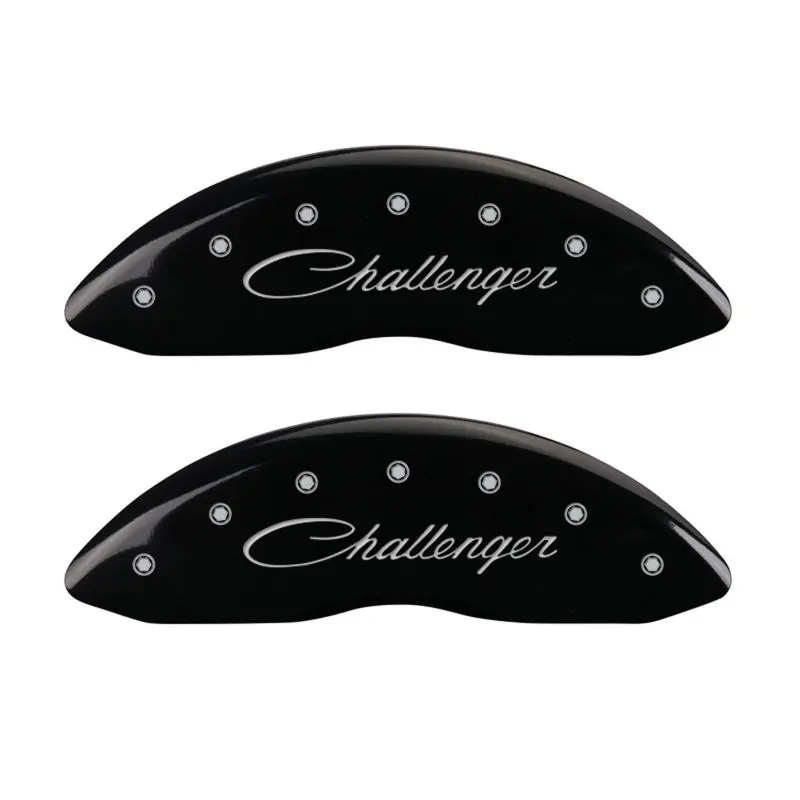 Mgp Engraved 4-Piston Caliper Covers – Front & Rear, Cursive/Challenger Design, Black With Silver Accent 1