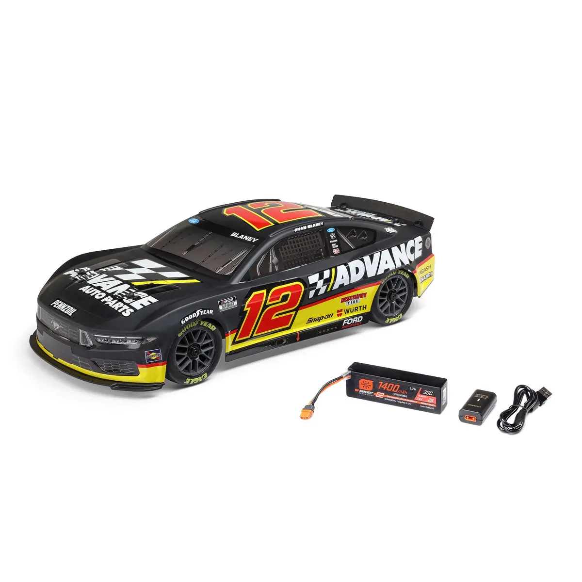 1/12 Nascar Rc Race Car Ryan Blaney No. 12 2025 Advance Auto Ford Mustang 2S Awd Rtr Brushed On-Road (Battery & Charger Included, Black 1