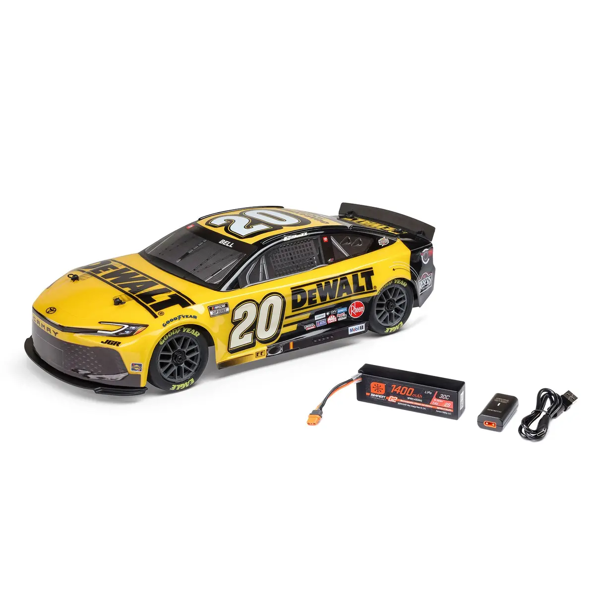 1/12 Nascar Rc Race Car Christopher Bell® No. 20® 2025 Dewalt Toyota Camry Xse 2S Awd Rtr Brushed On-Road (Battery & Charger Included), Yellow 1