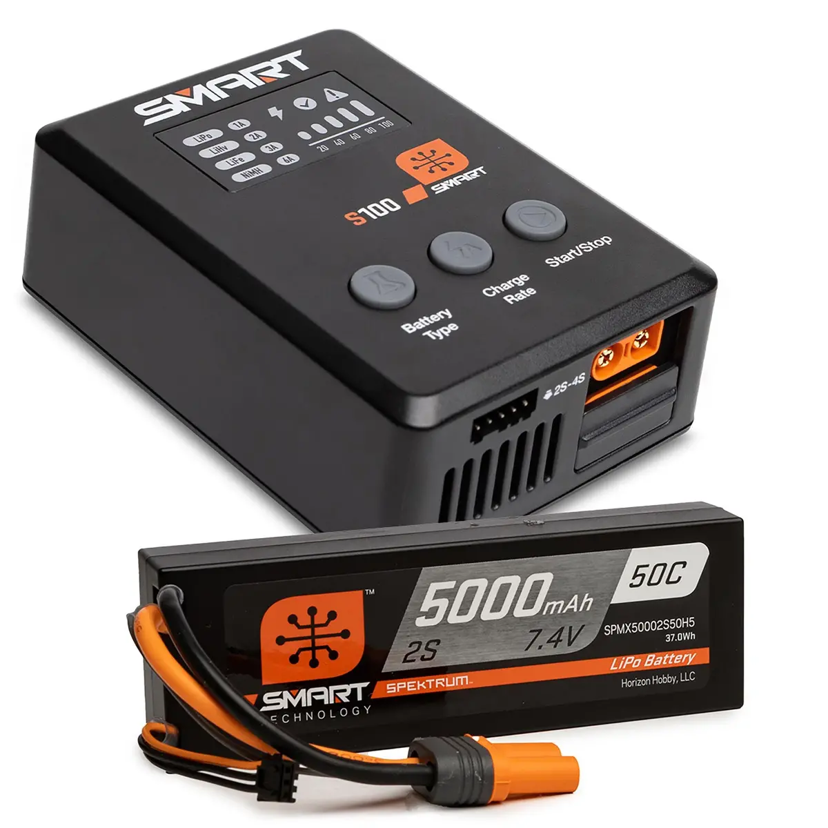 Spektrum Smart Powerstage Surface Bundle: 5000Mah 2S 50C Lipo Battery (Ic5) / 100W S100 Charger Spmx-1032 1