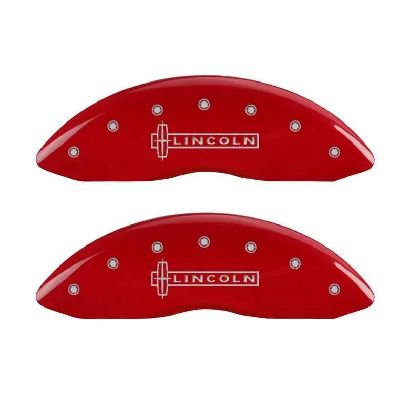 Mgp Engraved 4-Piston Brake Caliper Covers – Front And Rear For Lincoln Mks, Red Finish With Silver Chrome Accents 1