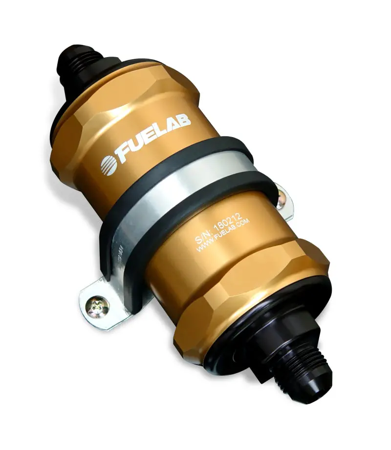 Fuelab 818 Inline Fuel Filter – -6 An Inlet/Outlet, 10-Micron Fabric Element, Gold Anodized Housing 1
