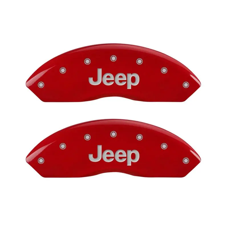 Mgp Engraved 4-Piston Caliper Covers – Front & Rear, Red Finish With Jeep Logo, Silver Character Detailing 1