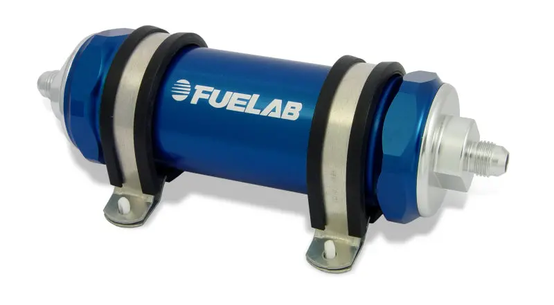 Fuelab 858 Inline Fuel Filter – -8An Inlet / -10An Outlet, 100-Micron Stainless Steel With Integrated Check Valve (Blue) 1