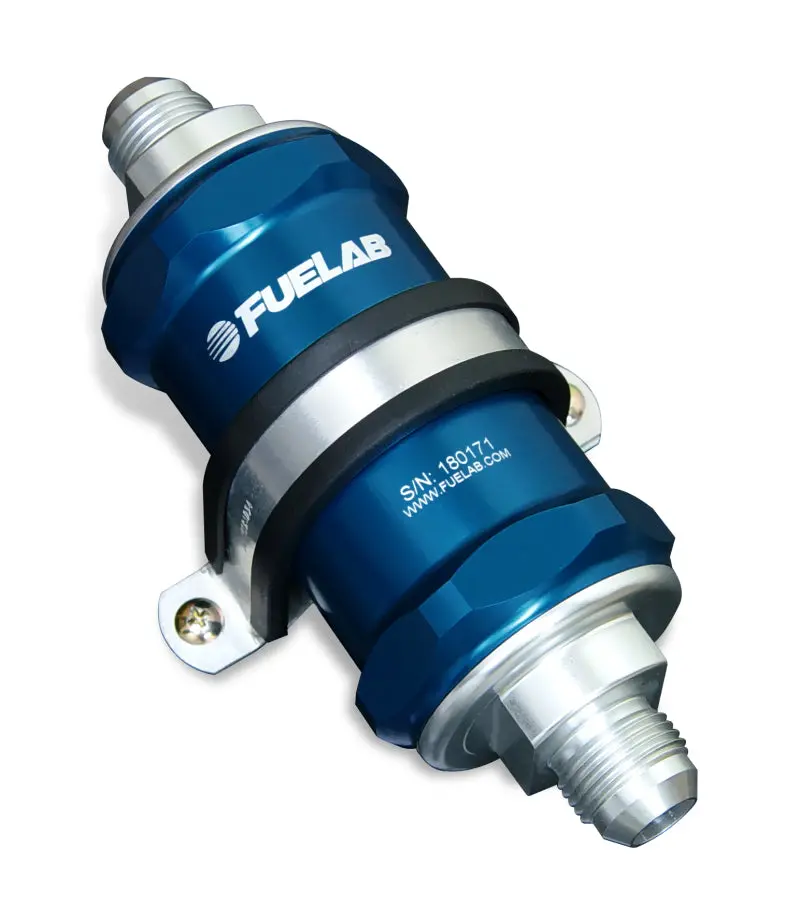 Fuelab Inline Fuel Filter – -12An Inlet / -8An Outlet, 40-Micron Stainless Steel, Integrated Check Valve, Blue Housing 1