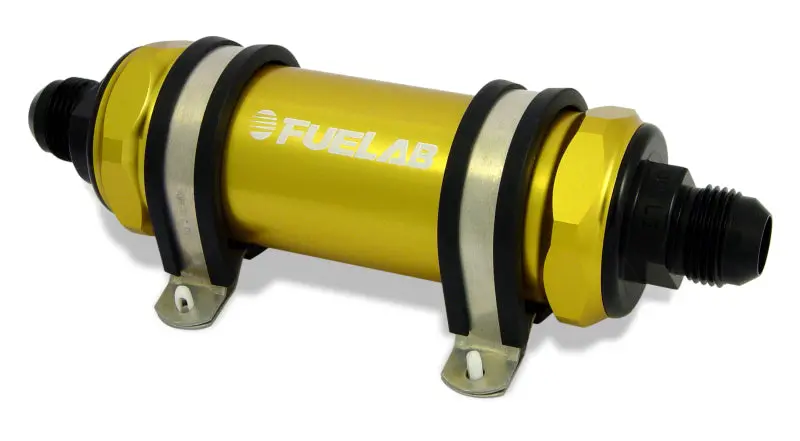 Fuelab Inline Fuel Filter – -6An In / -8An Out, 10-Micron Fabric, Gold Finish With Check Valve 1