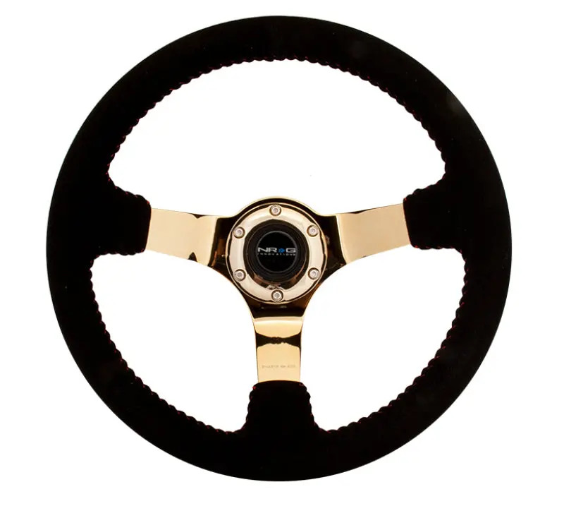 Nrg Reinforced 350Mm Steering Wheel — Black Suede With Red Basketball Stitching & Chrome-Gold 3-Spoke Design 1