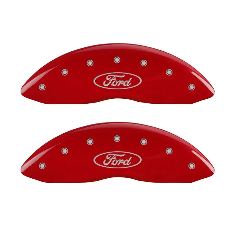 Mgp Oval & Ford-Branded Caliper Covers – Front & Rear Set, Red Finish With Silver Engraving 1