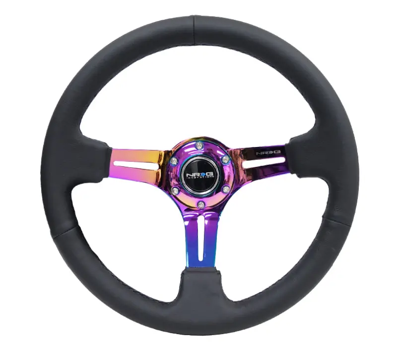 Nrg Reinforced 350Mm Steering Wheel With Black Leather, Black Stitching, And Neochrome Slits 1